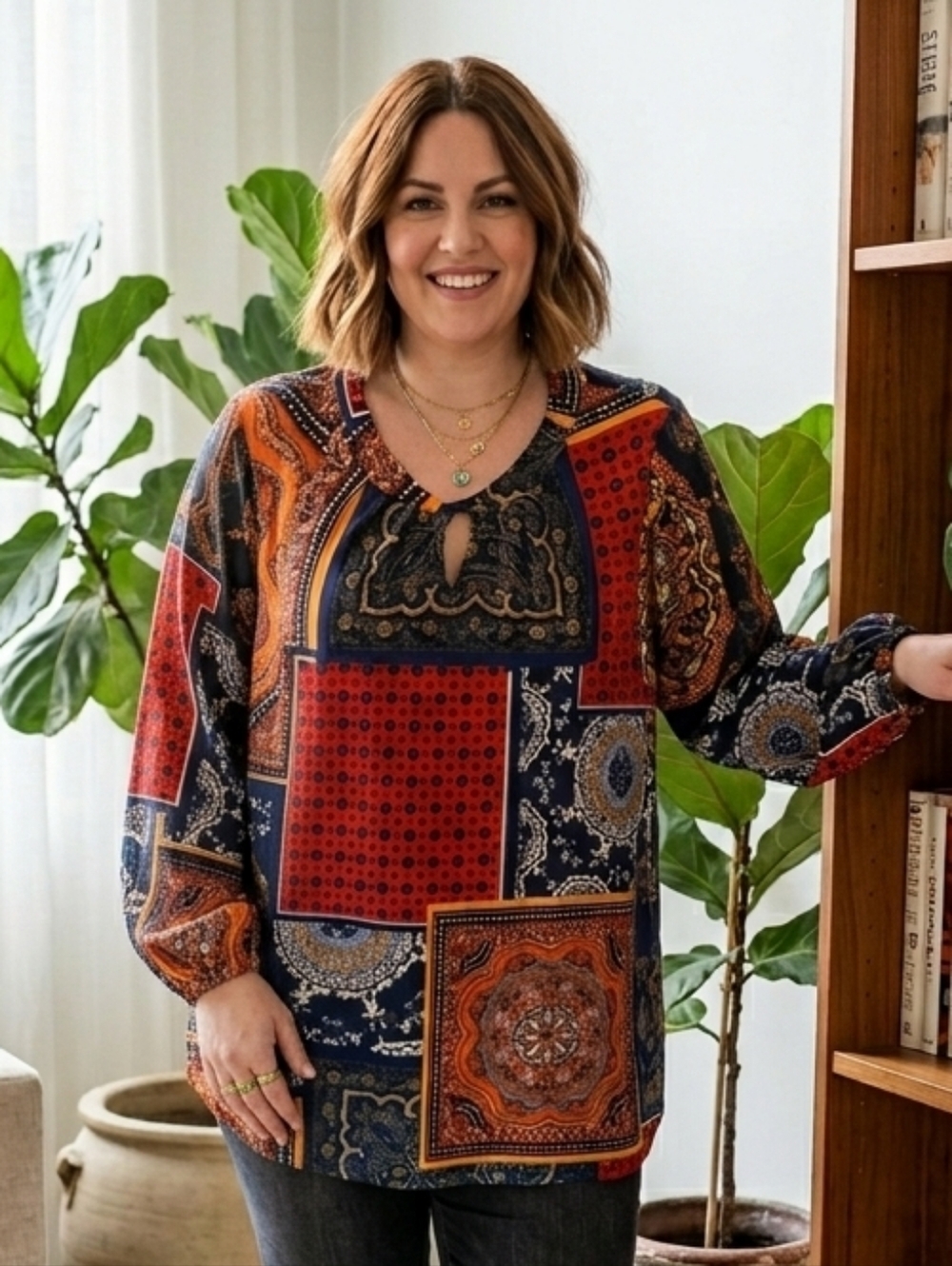 Laura 2X Modern Bohemian Eclectic Patchwork Paisley Keyhole Silky Knit Tunic